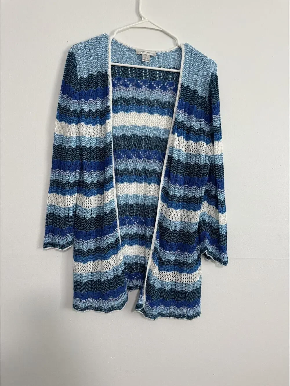 Blue Stripe Open Knit Cardigan Sweater Medium Coastal Boho USA - Picture 2 of 6